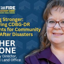 Heather Lagroné smiles beside text about her wildfire leadership summit talk on CDBG-DR grants for disaster community recovery.