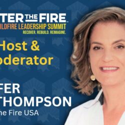 Woman with short brown hair and white shirt, labeled as Jennifer Gray Thompson, host of a wildfire leadership summit.