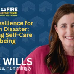 Smiling woman in red blouse; text: Mental Resilience for Leaders in Disaster, Jolie Wills, After the Fire: Wildfire Leadership Summit.