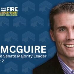 Mike McGuire, California State Senate Majority Leader, with the 2023 Wildfire Leadership Summit logo from After the Fire.