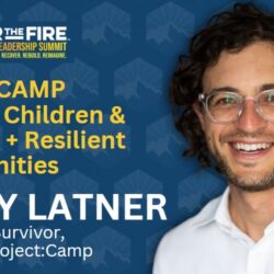 Smiling man with glasses and curly hair; text about Project:Camp at the 2023 Wildfire Leadership Summit.