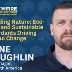 Man with short hair and beard stands in front of a blue background featuring wildfire leadership summit and presentation details.