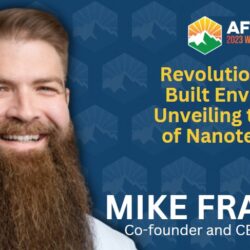 Smiling man with a large beard stands beside text about the wildfire leadership summit and nanotechnology presentation.
