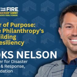 Smiling man in a blazer; text reads, The Power of Purpose: Corporate Philanthropy’s Role in Building Climate Resiliency, featured at the Wildfire Leadership Summit.