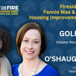 Two women smiling with text about the upcoming wildfire leadership summit fireside chat featuring Sidra Goldwater and Seana OShaughnessy.