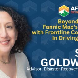 Smiling woman with dark curly hair stands next to conference text and the Wildfire Leadership Summit 2023 After the Fire logo.