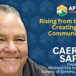 Smiling woman with gray hair; text about the Wildfire Leadership Summit featuring speaker Caerleon Safford, wildfire analyst.