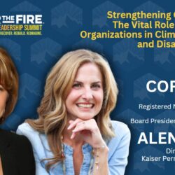 Two women smiling, highlighting their roles in healthcare and disaster recovery, with text about the upcoming wildfire leadership summit.