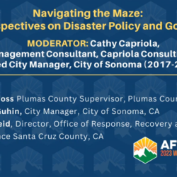 Panel event slide for Day 2-8: Navigating the Maze: Local Perspectives on Disaster Policy and Governance, featuring Cathy Capriola, Kevin Goss, David Guhin & Dave Reid. Includes After the Fire Leadership Summit logo and highlights rebuild permit insights.