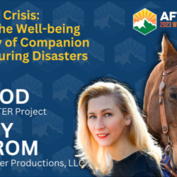 Two women and a brown horse promote Day 1-7: Animals in Crisis—Ensuring the Well-being and Safety of Companion Animals During Disasters, with event title, names Julie Atwood & Wendy Nystrom, and information on rebuild permit requirements shown.