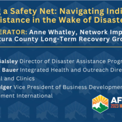 Event slide listing panelists and moderator for Day 1-8: Casting a Safety Net—Navigating Individual Assistance in the Wake of Disasters, featuring Anne Whatley, Claire Balsley, Melissa Bauer & Kate Bulger (Panelist), focusing on topics like rebuild permit processes.