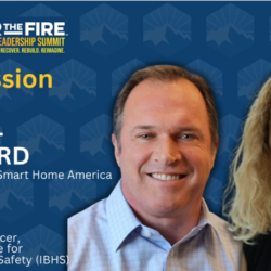 Two speakers smiling during the Day 2-4: Q&A Session | Julie Shiyou-Woodard & Alister Watt, discussing topics like the rebuild permit at the 2023 Wildfire Leadership Summit.