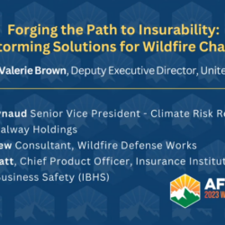 Panel discussion slide: Day 2-7 – Forging the Path to Insurability: Brainstorming Solutions for Wildfire Challenges, featuring Valerie Brown, Louis Reynaud, David Shew & Alister Watt. Topics include rebuilding permits and insurability strategies.