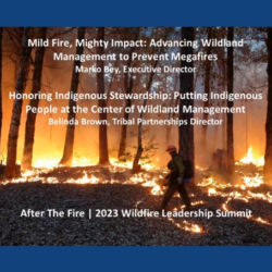 A firefighter walks through a burning forest; text highlights Day 2-10: Mild Fire Mighty Impact with Marco Bey and Belinda Brown, plus key sessions on navigating the rebuild permit process at the 2023 Wildfire Leadership Summit.