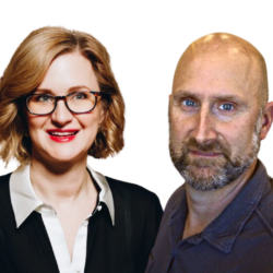 Alicia Johnson, wearing glasses, and Dave Reid, with a beard, stand side by side facing forward on a white background.