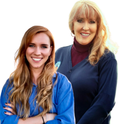 Sue Farren and Bailey Farren, two smiling women, stand together—one in a blue shirt, the other in a navy cardigan—on a white background.