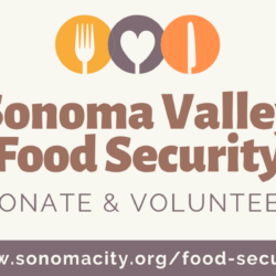 Sonoma Valley Food Security logo with fork, heart, and knife icons; donate & volunteer message and website link.
