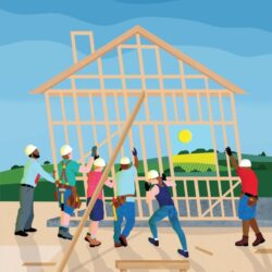 Six people in hard hats work together to raise a wooden house frame under a sunny sky in a rural area.
