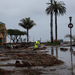 Two workers in rain gear clear debris from a flooded, storm-damaged street with palm trees near the ocean.