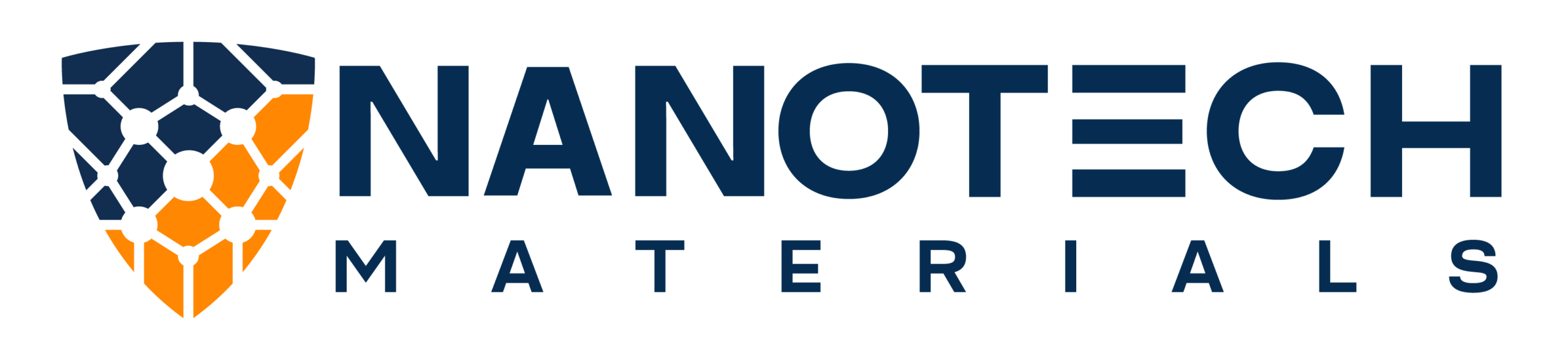 Logo with a blue and orange hexagonal shield and text: NANOTECH MATERIALS in bold, modern font, designed for the Wildfire Leadership Summit.