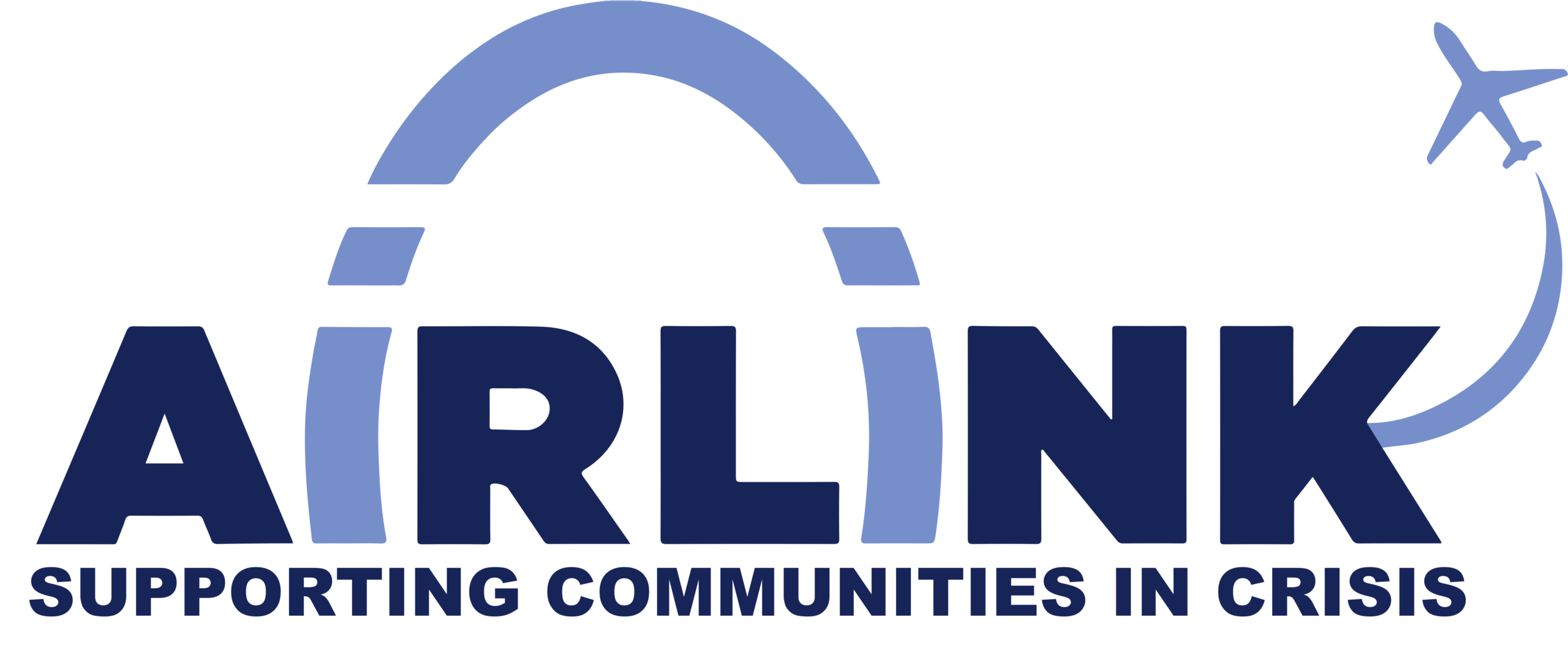 Airlink logo with an arch, plane, and text: Supporting Communities in Crisis.