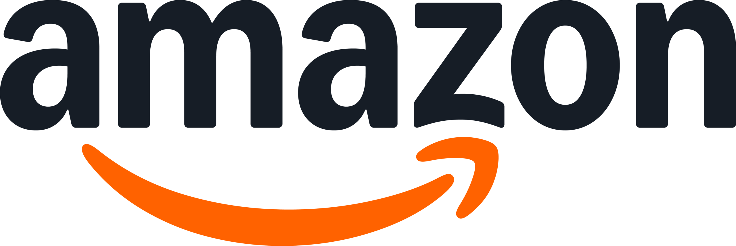 Amazon logo with black lowercase letters and an orange arrow curving from the a to the z below the text.
