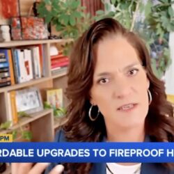 A woman speaks on camera with a bookshelf behind her; text reads Affordable upgrades to fireproof homes.