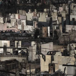 Burned-out cars and destroyed building remains after a fire, with charred walls and debris scattered everywhere.