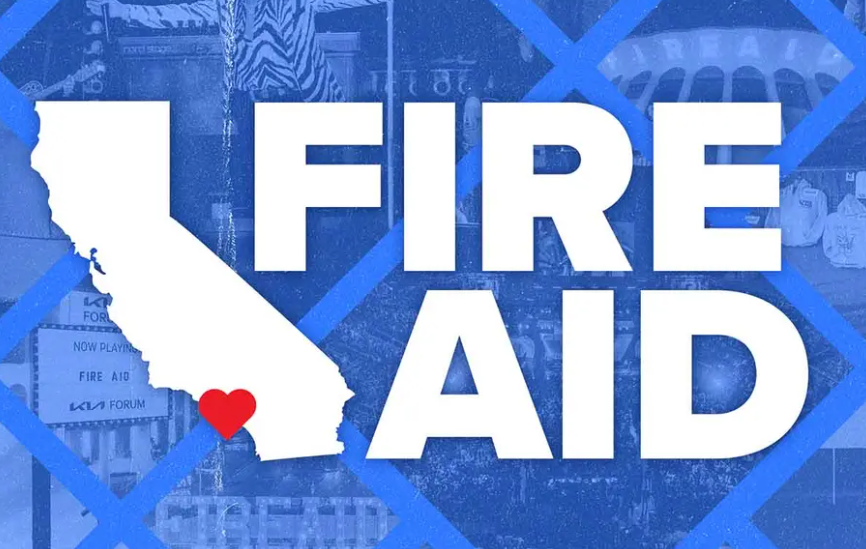 A white California silhouette with a red heart and the words FIRE AID on a blue background, honoring our supporters and partners.