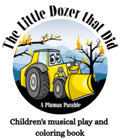 A smiling yellow bulldozer in front of burning trees; text reads The Little Dozer that Did.