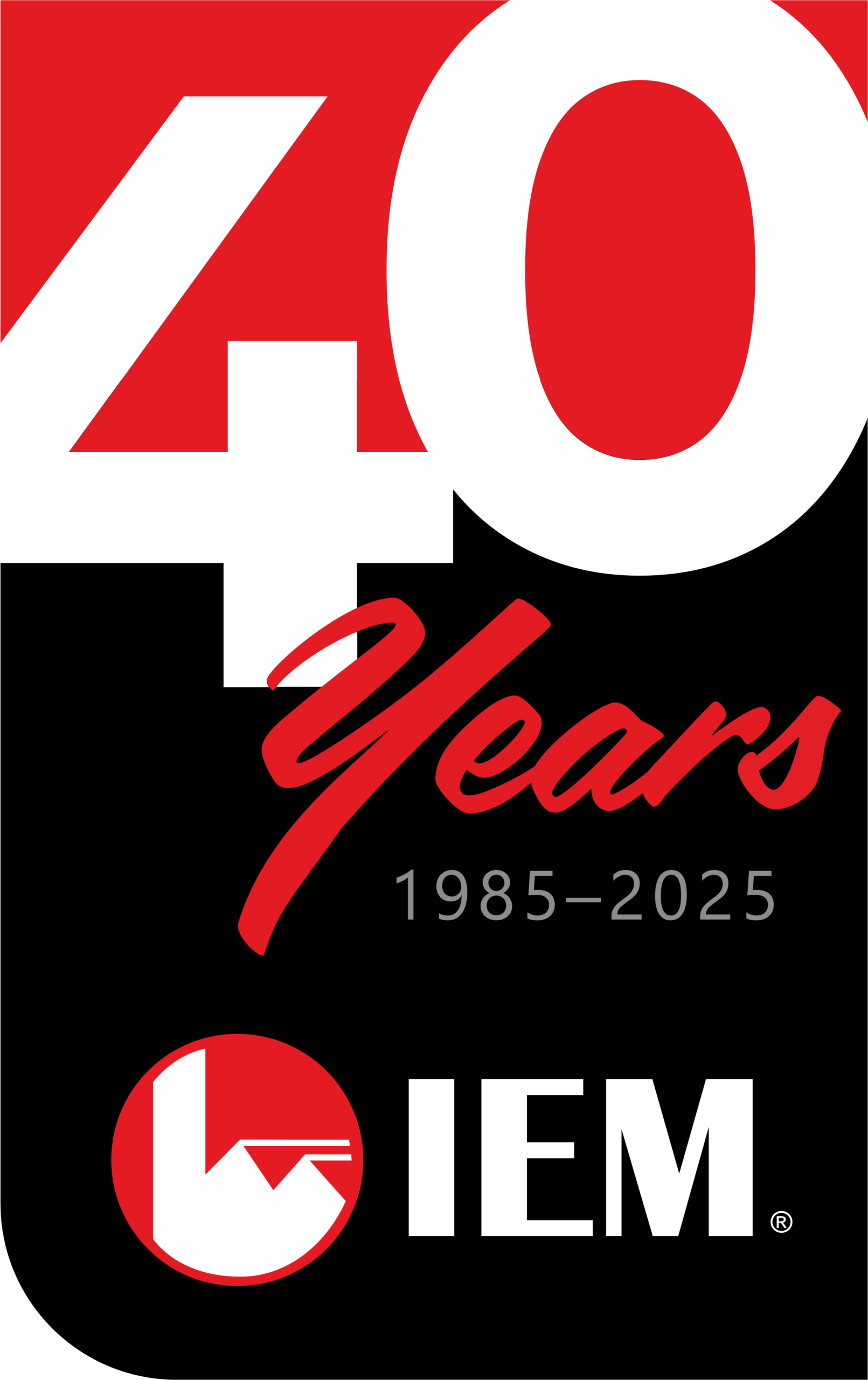 Red and black logo reads 40 Years 1985–2025 with IEM branding and a circular icon at the bottom.