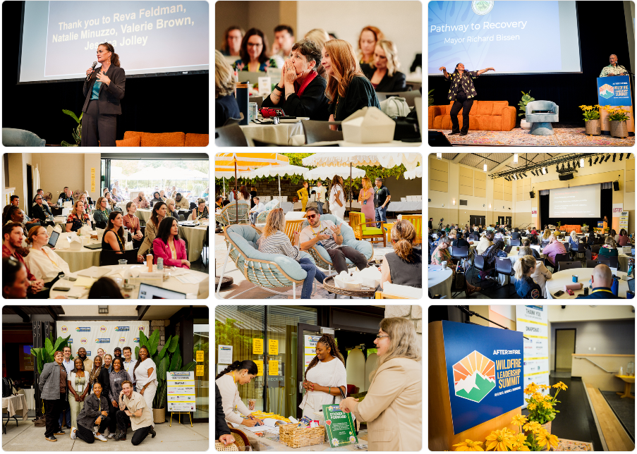 Collage of people speaking, networking, and engaging at an indoor community summit event with various activities.