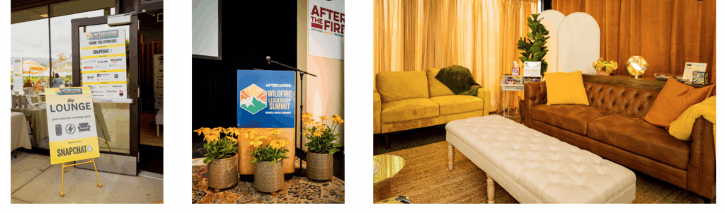 Collage of event lounge entry, podium with signage, and cozy lounge area with sofas and plants.