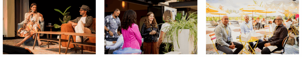 Three images: a panel discussion, people mingling indoors, and a group chatting at outdoor tables.