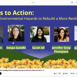 Event flyer with photos of five speakers for Ashes to Action on rebuilding a resilient L.A. among poppy flowers.