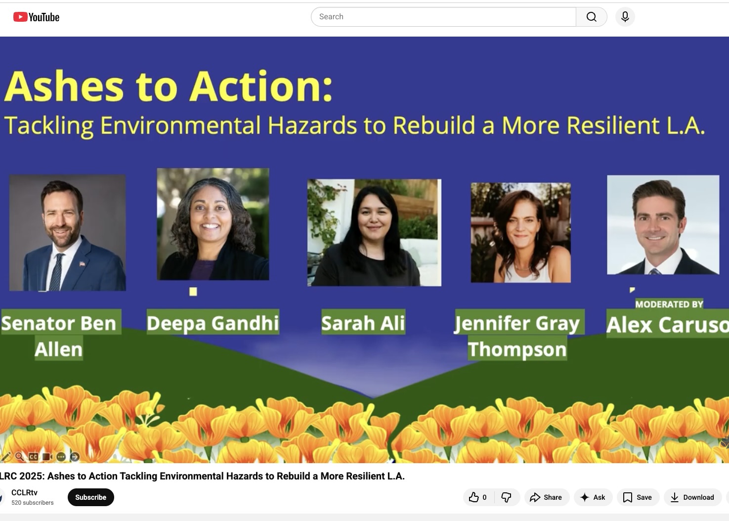 Event flyer with photos of five speakers for Ashes to Action on rebuilding a resilient L.A. among poppy flowers.