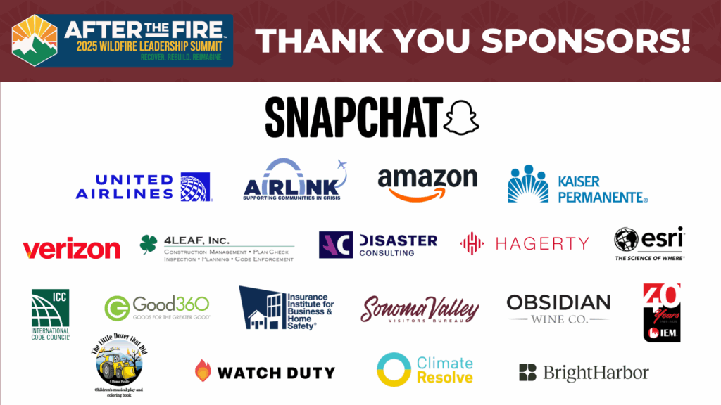 Logos of sponsors for the 2025 Wildfire Leadership Summit, with Thank You Sponsors! text at the top.