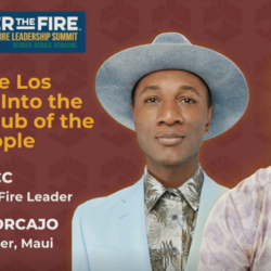 Two men in patterned shirts are featured on a promo for the 2025 Wildfire Leadership Summit in Los Angeles.