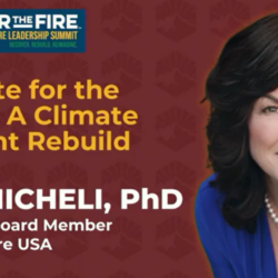 Woman with dark hair smiles; text promotes a climate summit, featuring Lisa Micheli, PhD, from After the Fire USA.