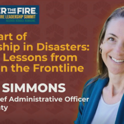 Smiling woman in a blue blazer beside text about leadership in disasters at a wildfire leadership summit.