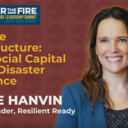 Smiling woman in a blue blazer next to event text about social capital and disaster resilience.