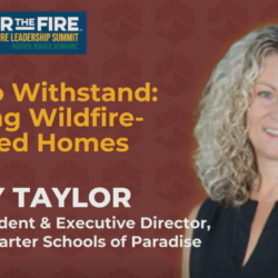Smiling woman with curly hair next to text about wildfire-prepared homes and the 2025 Wildfire Leadership Summit.