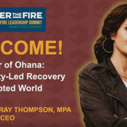 Woman in a leather jacket next to event info for 2025 Wildfire Leadership Summit, hosted by Jennifer Gray Thompson.