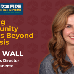 Smiling woman in a blazer with text about Alena Wall speaking at the 2025 Wildfire Leadership Summit.