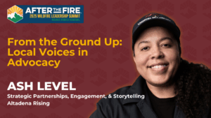 Smiling woman in cap with event details for After the Fire 2025 Wildfire Leadership Summit and her role as speaker.