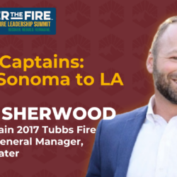 Smiling man in suit with text about Block Captains and wildfire summit, featuring Brad Sherwood of Sonoma Water.