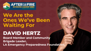 David Hertz smiling beside text about the 2025 Wildfire Leadership Summit and his leadership roles.