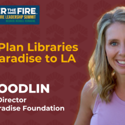 Smiling woman with blonde hair, event title, and speaker details on a maroon background for wildfire summit.