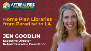 Smiling woman with blonde hair, event title, and speaker details on a maroon background for wildfire summit.
