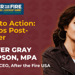Confident woman poses next to text promoting a wildfire leadership summit and a talk on startups after disasters.